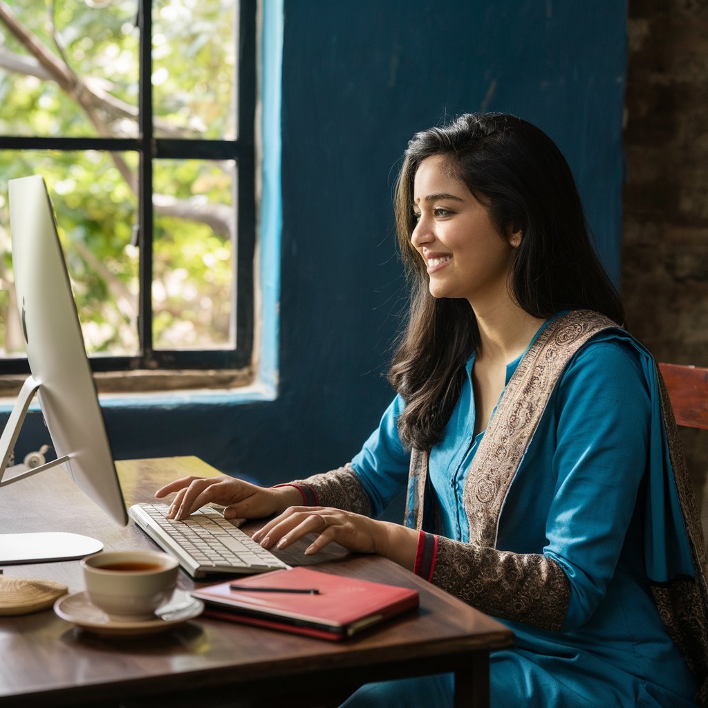 A woman working on computer (Ghar Baithe Job)